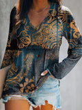 Women's Mandala Trimmed Pattern Art Print V-Neck Long Sleeve Top