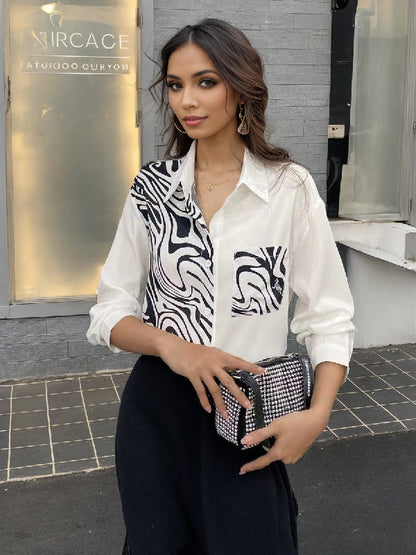 Long Sleeves Loose Asymmetric Buttoned Zebra-stripe Lapel Blouses&shirts Tops