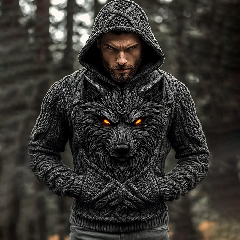 Men's Viking Tribal Wolf Jacquard Celtic Inspired Cozy Hooded Sweater elevenforest