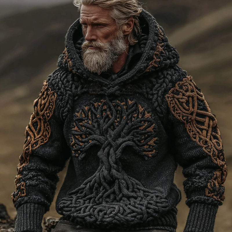 Men's Viking Tree Of Life Art Celtic Knot Jacquard Knitted Hooded Sweater artswardrobe