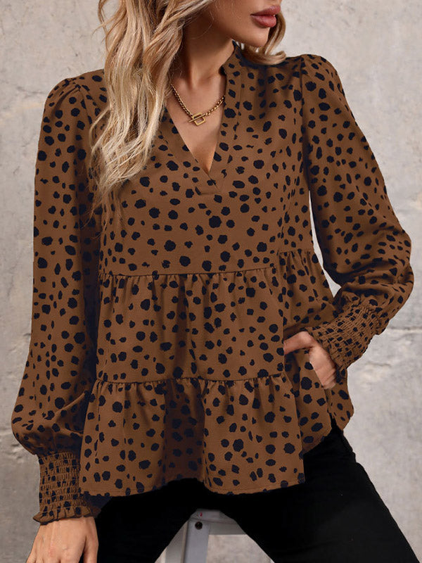 Long Sleeves Loose Elasticity Polka-dot Split-joint V-neck Blouses&shirts Tops