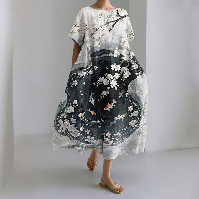 Comstylish Women's Japanese Art Floral Print Midi Dress