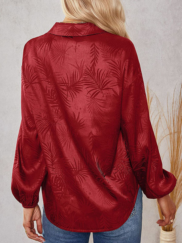 Loose Puff Sleeves Jacquard Split-joint Lapel Blouses