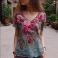 Bohemian Style Rose Three-dimensional Embroidery Sequins Retro Vintage Style Short Sleeved V-neck Casual Top elevenforest
