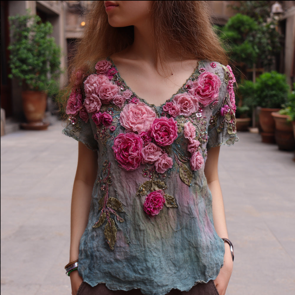 Bohemian Style Rose Three-dimensional Embroidery Sequins Retro Vintage Style Short Sleeved V-neck Casual Top elevenforest