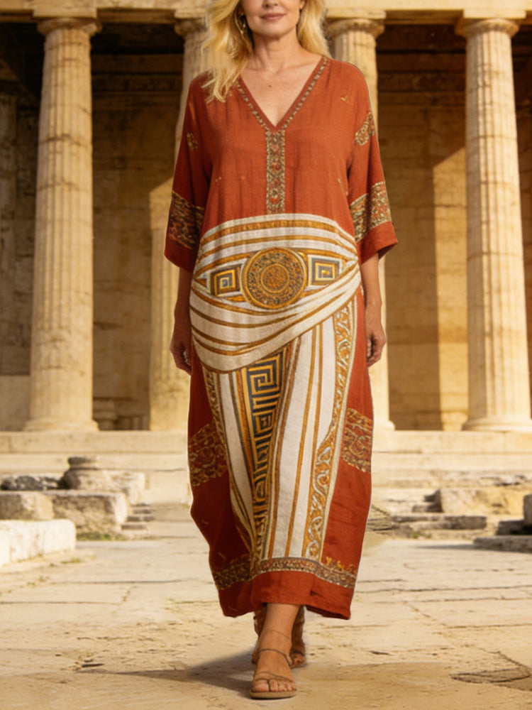 Comstylish Vintage Greek Pattern Women's Linen V-neck Maxi Dress