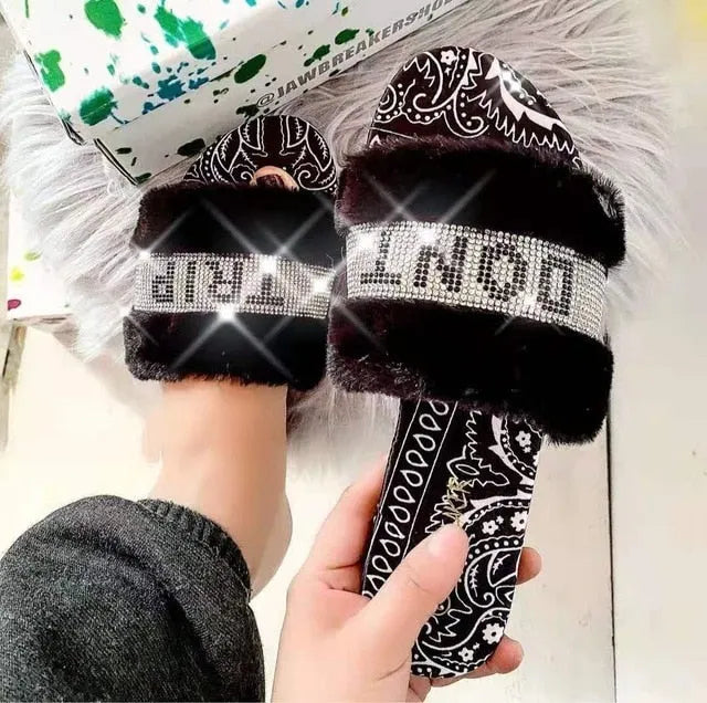 Rhinestone Bandana Print Faux Fur Slippers F1945