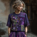 Women's Embroidered Pansy Floral Patchwork Check Short Sleeve T-shirt elevenforest