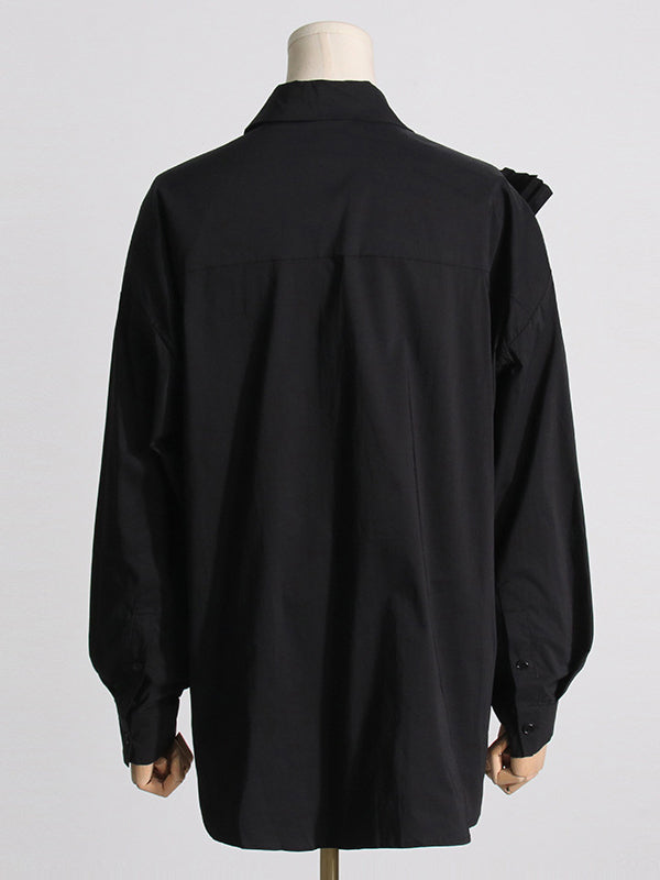 Long Sleeves Loose Asymmetric Buttoned Pleated Color Split-joint Three-dimensional Flower Lapel Blouses&shirts Tops
