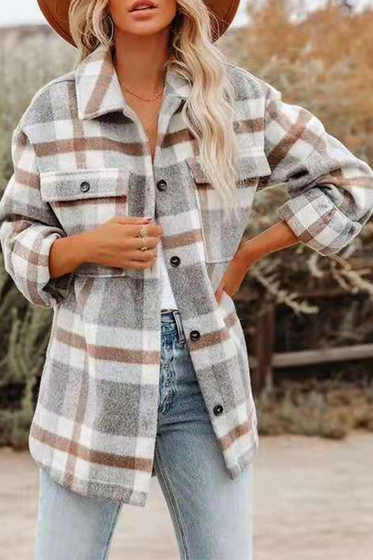 Plaid Pocket Buckle Turndown Collar Outerwear(8 Colors)