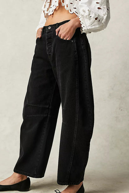 Pocket Without Belt Mid Waist Loose Denim Jeans(no Belt)