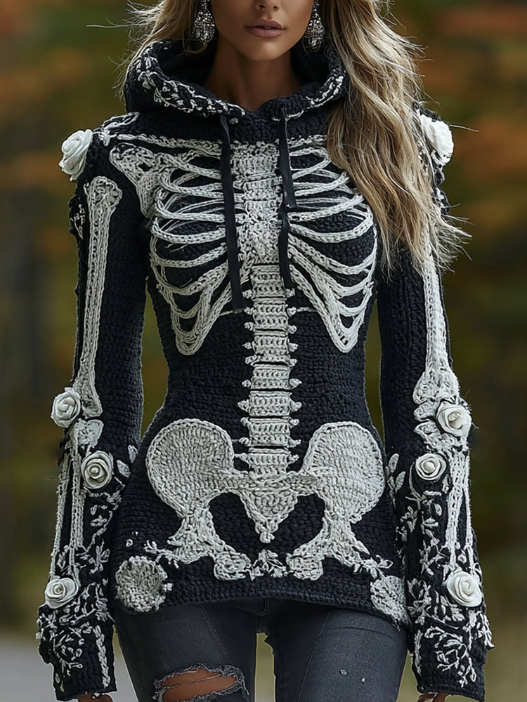 Women's Halloween Skeleton Bones With Roses Art Knitted Warm Hooded Sweater artswardrobe