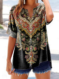 Women's Vintage Ethnic Floral Art Print Casual Cotton and Linen Shirt