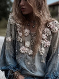 Pink Rose And Melancholy Blue Casual Long-sleeved Top elevenforest