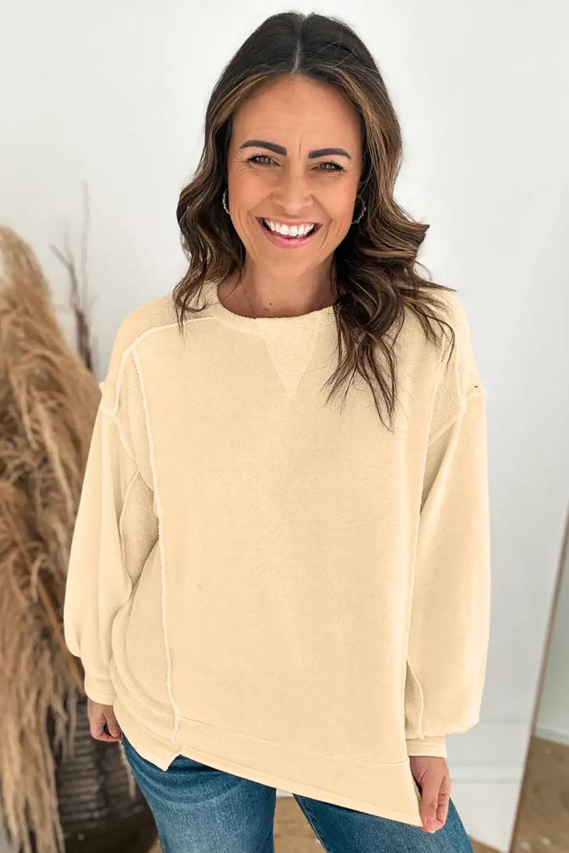 Beige Patchwork Pullover Sweatshirt