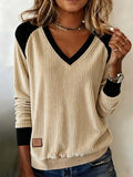 Women'S Casual Contrast Color Corduroy Long Sleeve Top 
