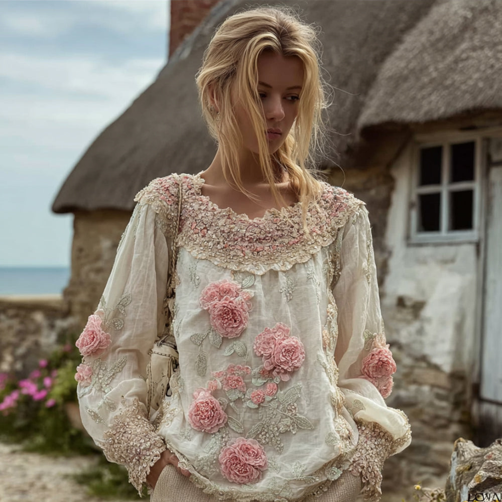 Bohemian Vintage Slightly Wrinkled Cotton And Linen Round-neck Top elevenforest