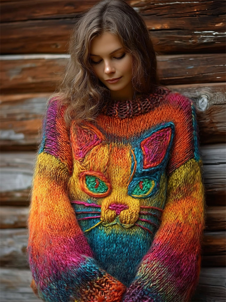 Boho Cat Face Gradient Colorful Cozy Chunky Sweater elevenforest