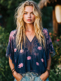 Boho Lotus Gradient Art Women's Linen Short Sleeve Shirt elevenforest