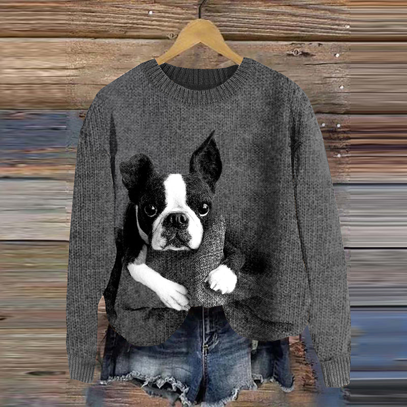 Comstylish Cute Boston Terrier Lazy Puppy Applique Wool Felt Art Cozy Sweater