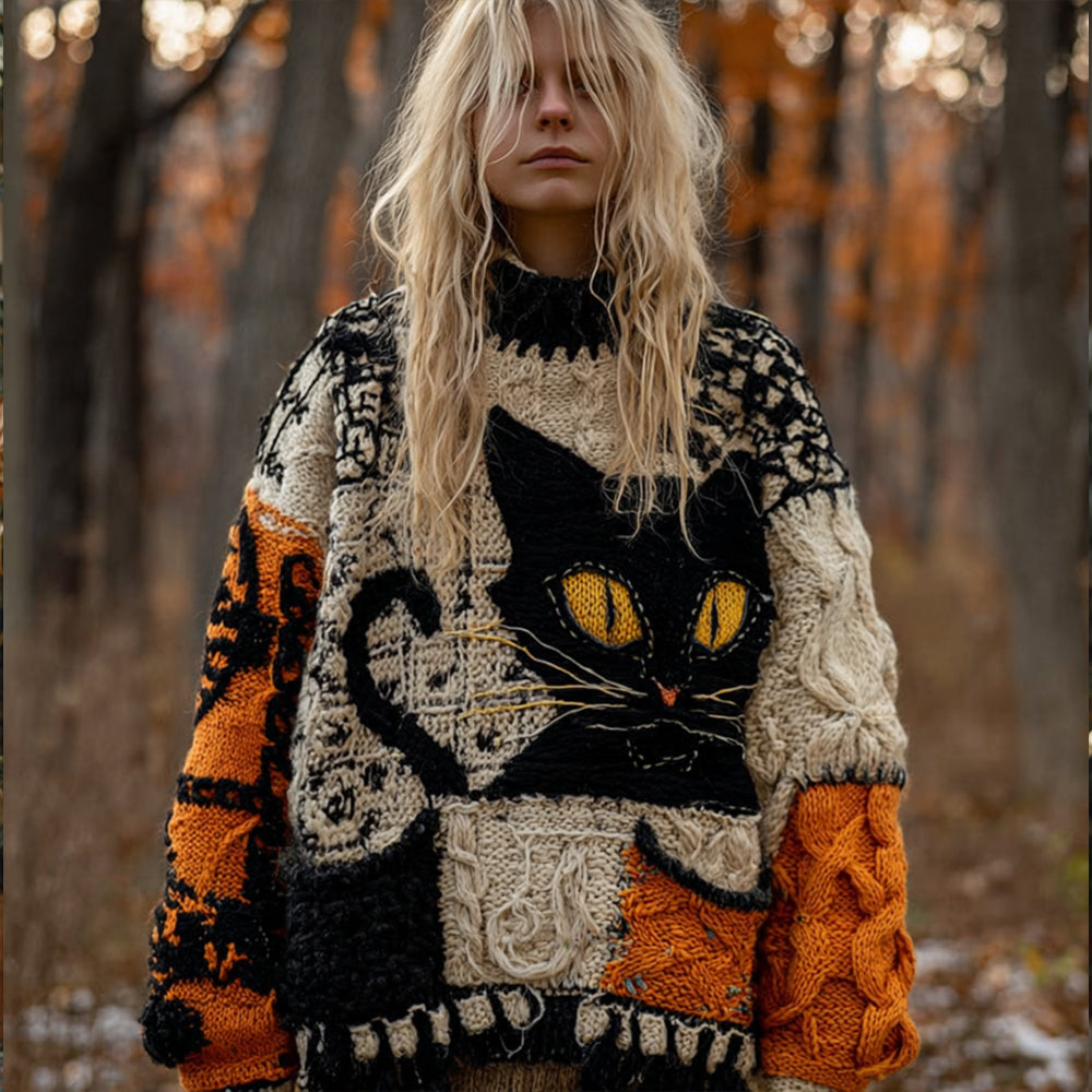 Comstylish Women's Halloween Cat-cat Patchwork Round-neck Sweater