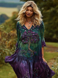 Viking Tree Of Life Embroidered Floral Vintage Gradient Women's Linen V-neck Maxi Dress elevenforest
