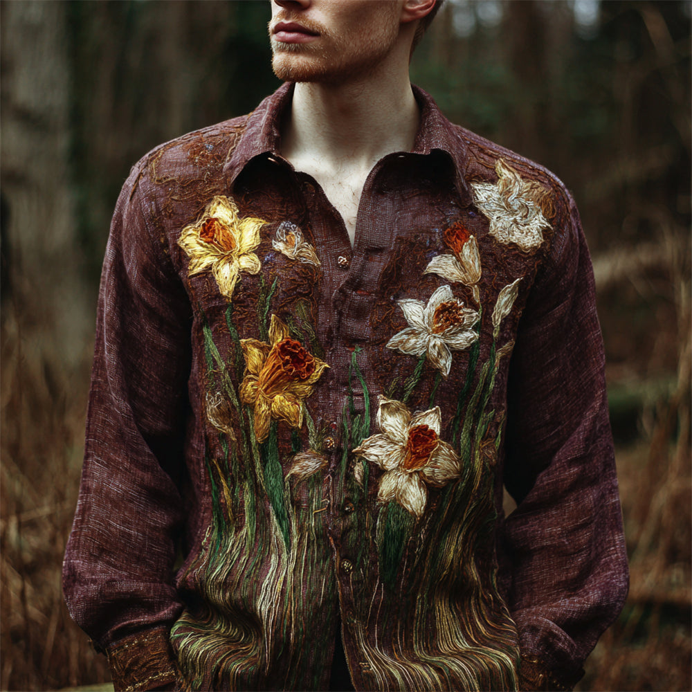 Bohemian Vintage Daffodil Floral Men's Linen Long Sleeve Shirt elevenforest