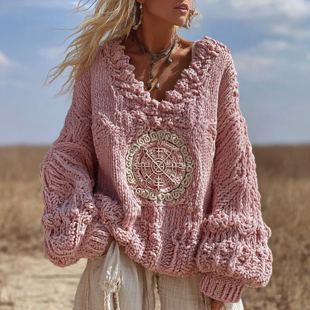 Vintage Vegvisir Runes V Neck Cozy Cable Chunky Knit Sweater elevenforest