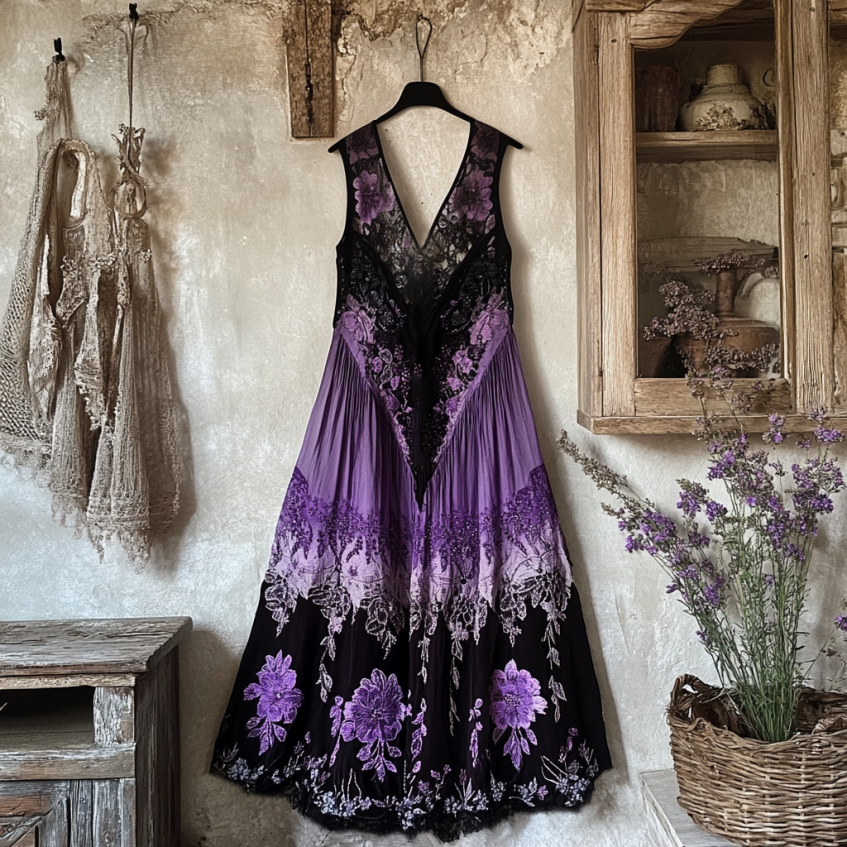 Bohemian Lavender Embroidery Patchwork Art Sleeveless  Cozy Linen Maxi Dress elevenforest