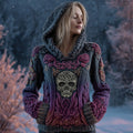 Vintage Purple Roses Viking Celtic Skull Hooded Cozy Knit Sweater elevenforest