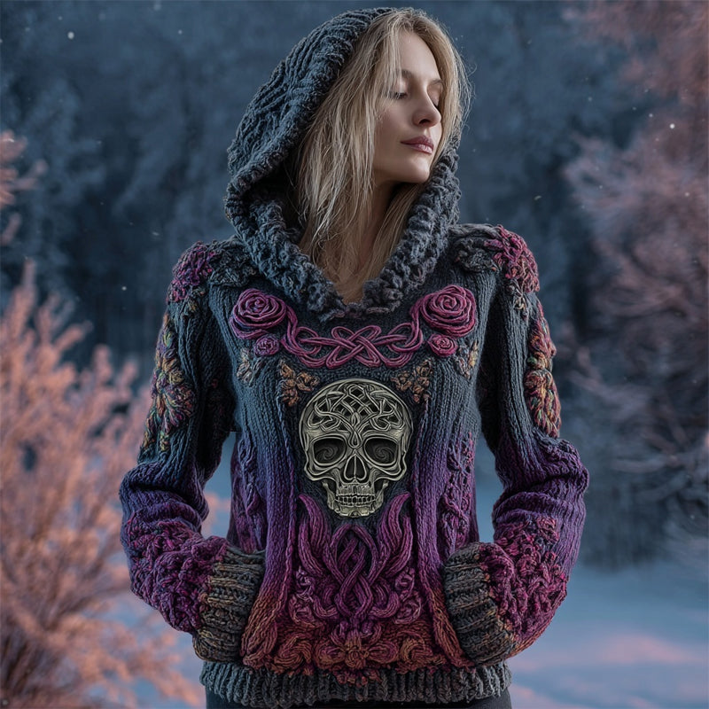 Vintage Purple Roses Viking Celtic Skull Hooded Cozy Knit Sweater elevenforest