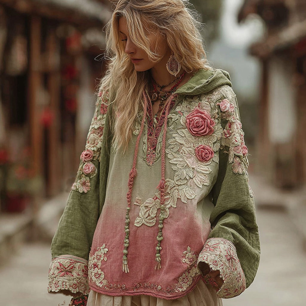 Love & Health Collection Classic Floral Embroidery Gradient Art Linen Long Sleeve Hoodie elevenforest