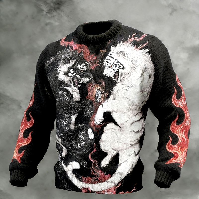 Men's Retro Black And White Tiger Flame Graphic Pattern Knit Sweater elevenforest