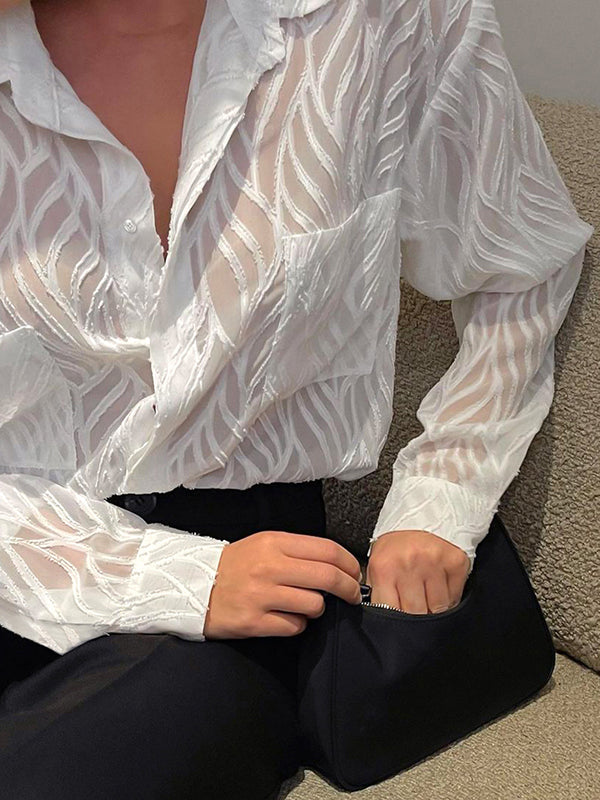 Long Sleeves Loose Buttoned Pockets See-through Color Split-joint Lapel Blouses&shirts Tops