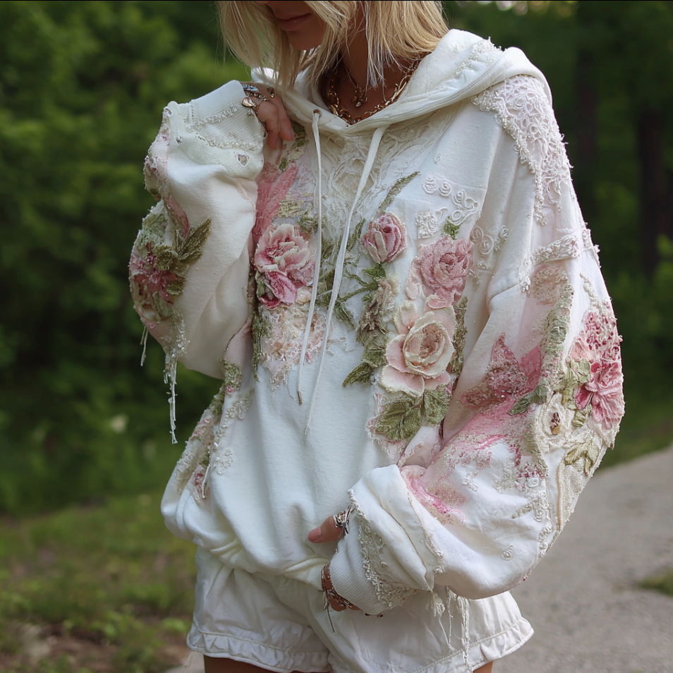 Bohemian Style 3d Rose Embroidery Women's Hooded Sweatshirt elevenforest