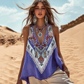 Women's Bohemia Floral Ethnic Art Linen V-neek Sleeveless Top elevenforest