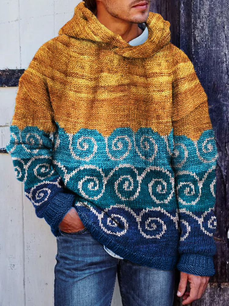 Men's Japanese Sea Waves Colorblock Cozy Knit Hooded Sweater elevenforest