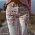 Vintage Pink Roses Glitter Embroidered Skinny Jeans elevenforest