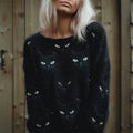 Black Cat Faces Fuzzy Cozy Knit Sweater elevenforest
