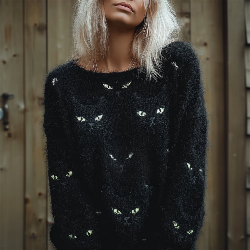 Comstylish Black Cat Faces Fuzzy Cozy Knit Sweater