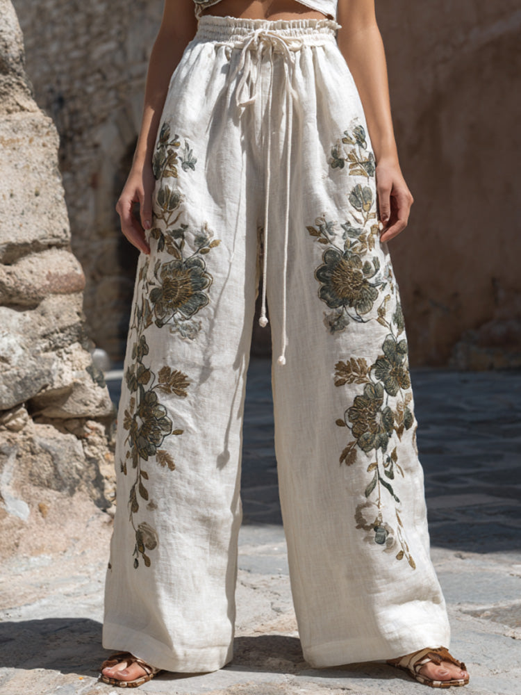 Women's Vintage Embroidery Art Comfy Linen Pants elevenforest