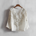 Bohemian Style Woman's V-neck White Rose Short-sleeved Shirt elevenforest
