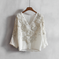 Bohemian Style Woman's V-neck White Rose Short-sleeved Shirt elevenforest