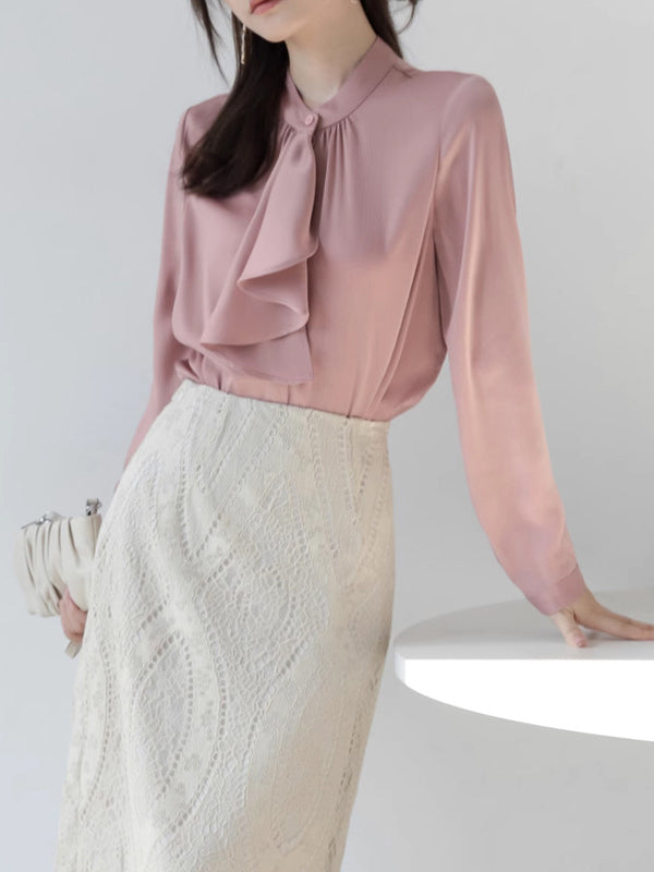Long Sleeves Loose Buttoned Pleated Ribbon Color Mock Neck Blouses&shirts Tops