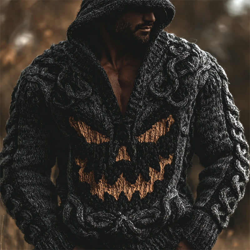 Men's Halloween Pumpkin Face Celtic Cozy Knit Hooded Sweater elevenforest