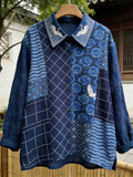 Comstylish Japanese Geometric Floral Patchwork Pattern Women's Linen Long Sleeve Shirt