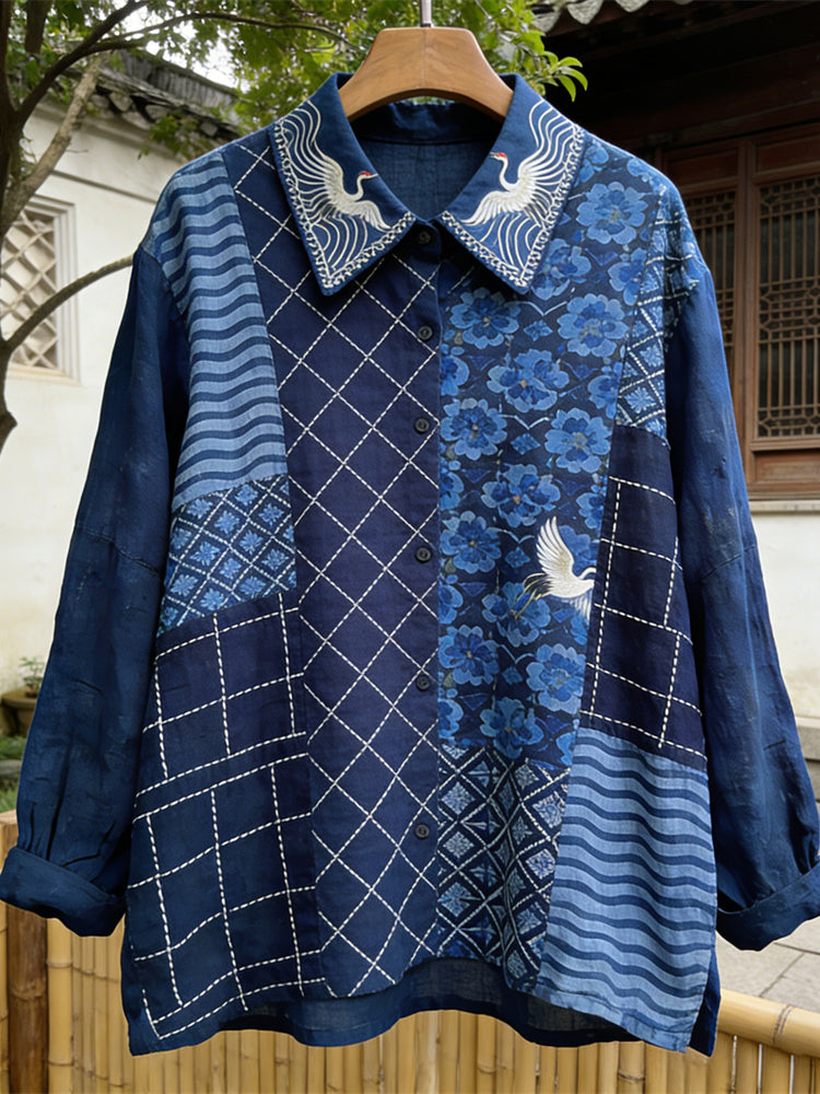 Comstylish Japanese Geometric Floral Patchwork Pattern Women's Linen Long Sleeve Shirt