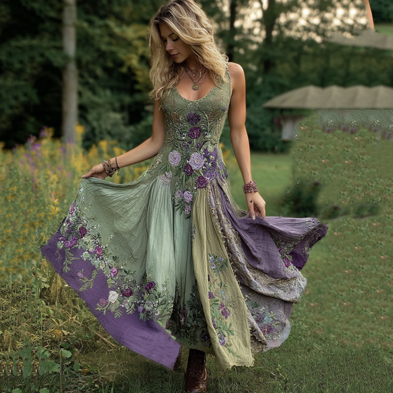 Classy Gradient Purple Lavender And Floral Embroidered Linen Maxi Dress elevenforest