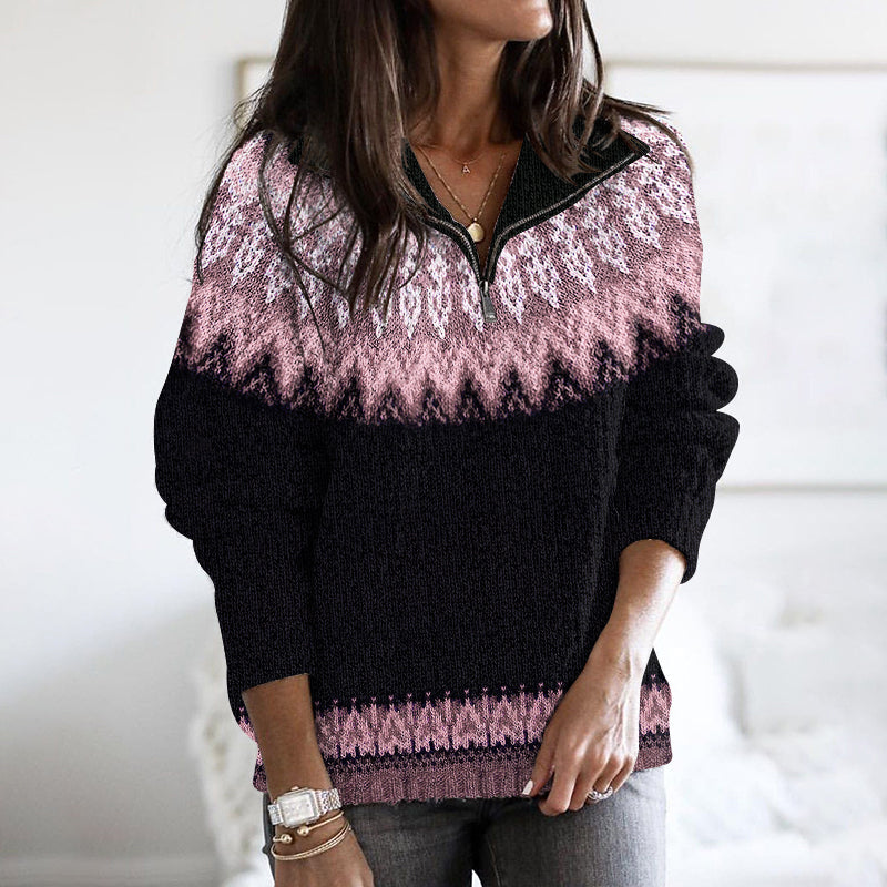 Vintage Tribal Icelandic Pattern Stand Collar Zip Sweater elevenforest