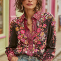 Women's Bohemian Floral Embroidery Color-block Basic Shirt elevenforest
